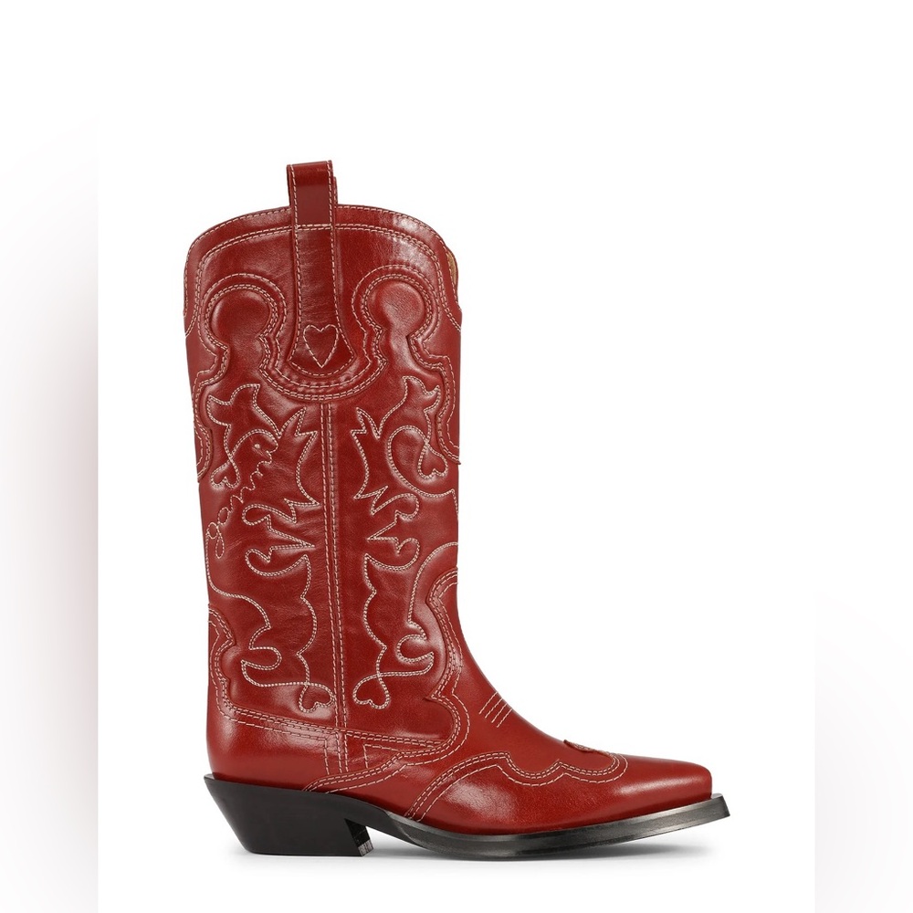 NWT Ganni Mid Shaft Embroidered Western Boot | Barbados Cherry